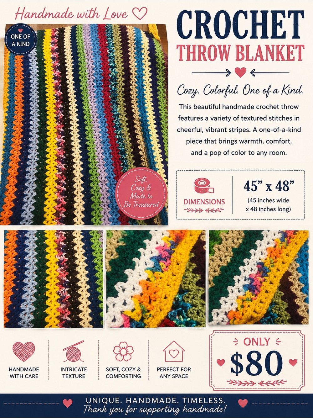 Hand Crafted Crochet Throw Blanket - Multicolor Stripes
